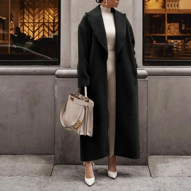 Manteau Long Femme Élégant Coupe Droite Aspect Laine Usage Quotidien