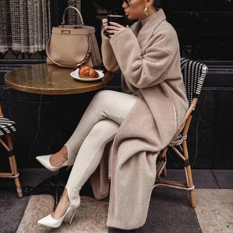 Manteau Long Femme Élégant Coupe Droite Aspect Laine Usage Quotidien