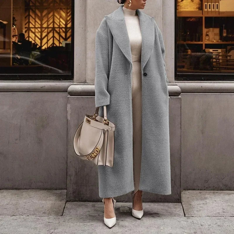 Manteau Long Femme Élégant Coupe Droite Aspect Laine Usage Quotidien