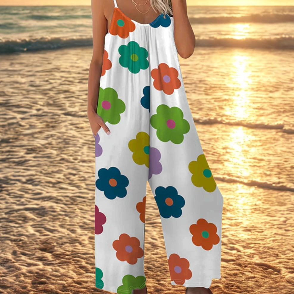 Combinaison Femme Bretelles Fines Imprimé Floral Jambes Larges