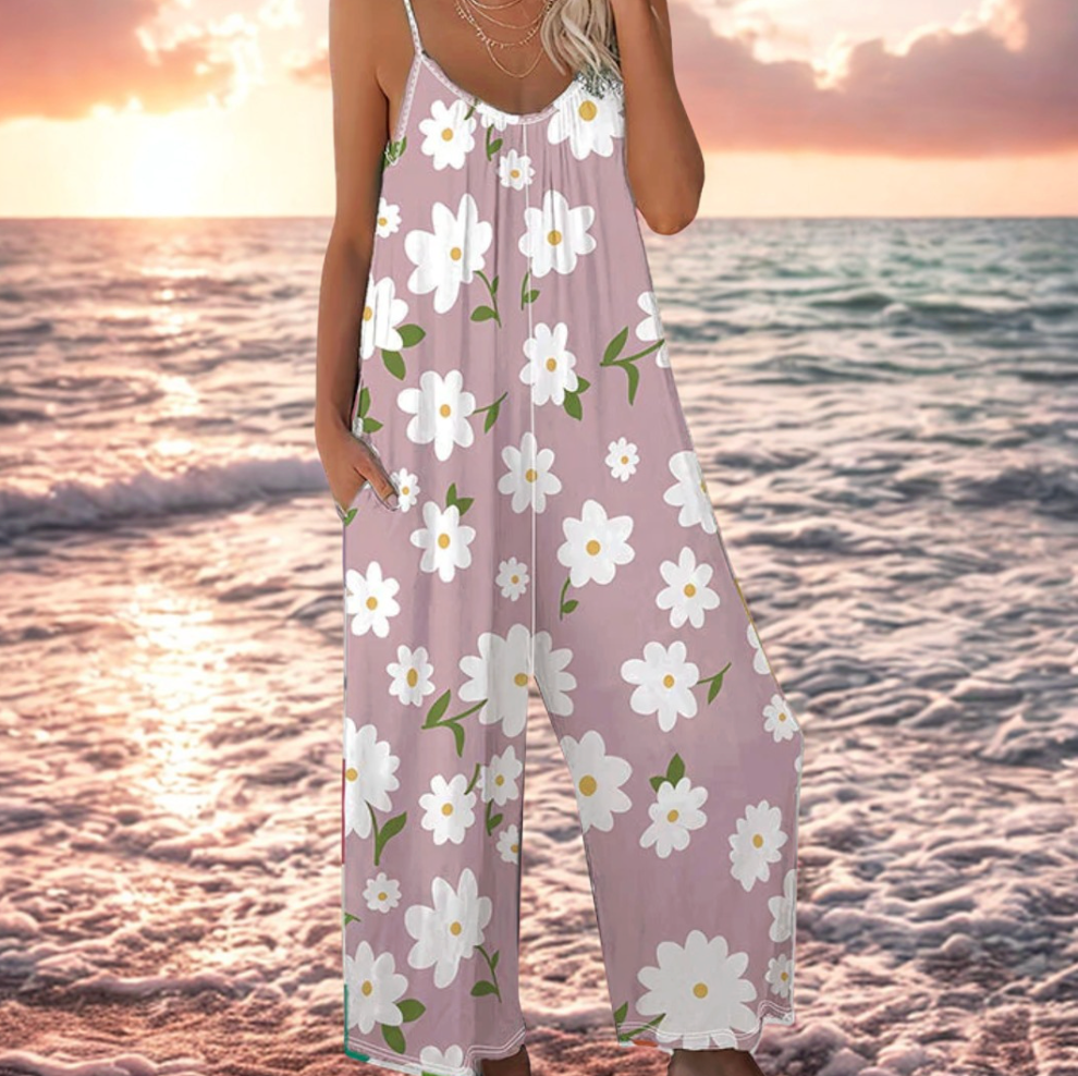 Combinaison Femme Bretelles Fines Imprimé Floral Jambes Larges