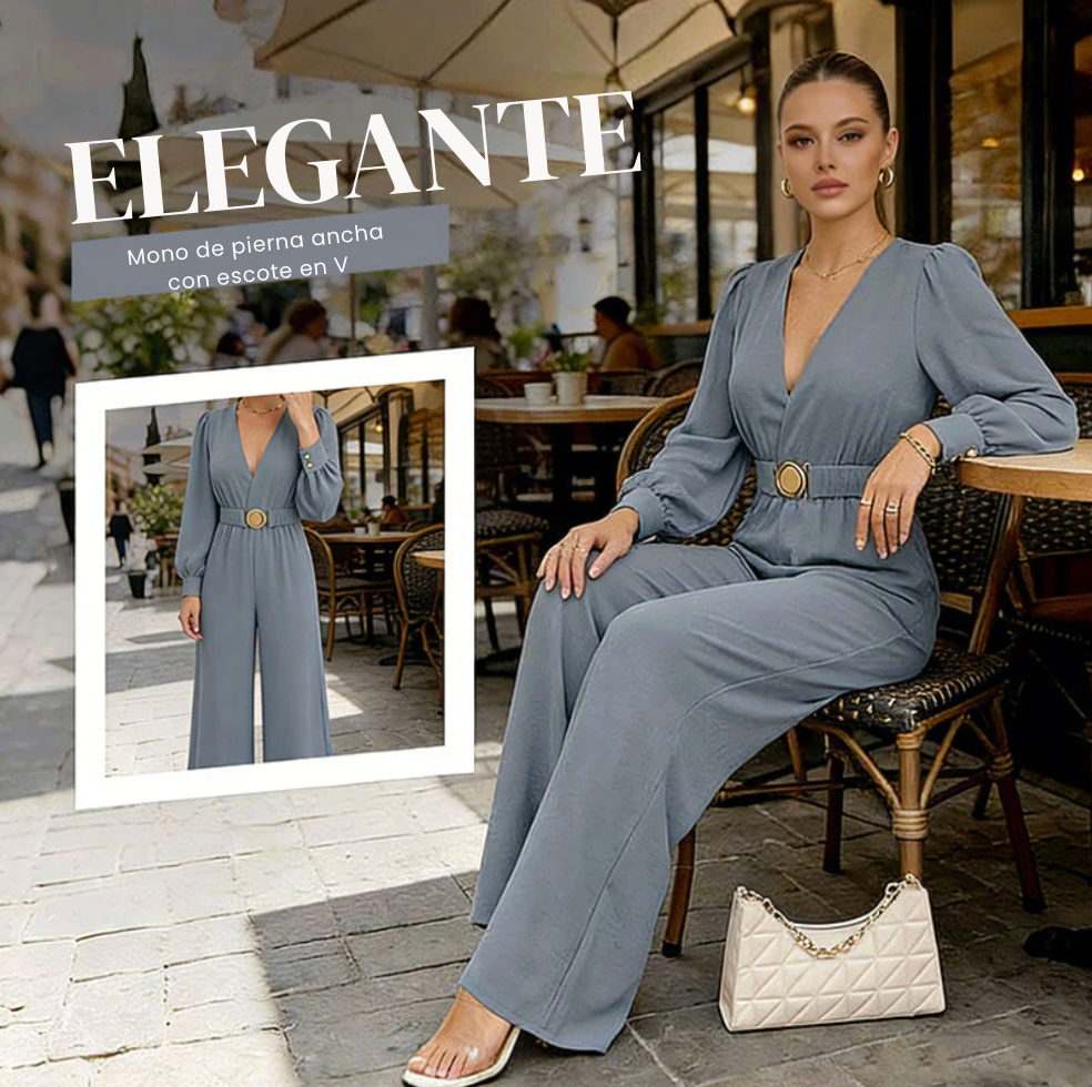 Combinaison Femme Col V Manches Bouffantes Ceinture Dorée