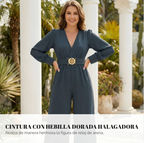 Combinaison Femme Col V Manches Bouffantes Ceinture Dorée