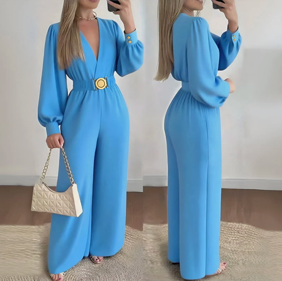 Combinaison Femme Col V Manches Bouffantes Ceinture Dorée