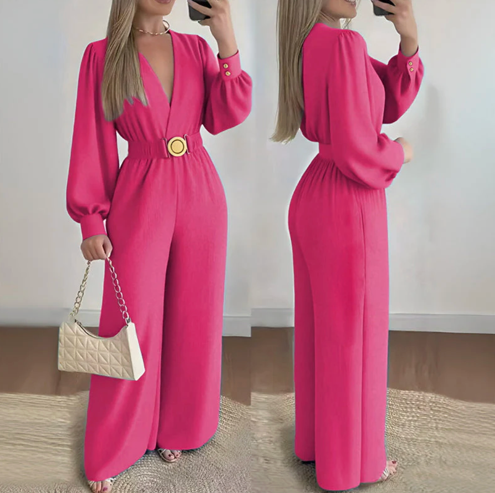 Combinaison Femme Col V Manches Bouffantes Ceinture Dorée