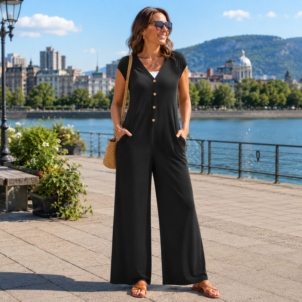 Combinaison femme à col V avec boutons et jambes larges