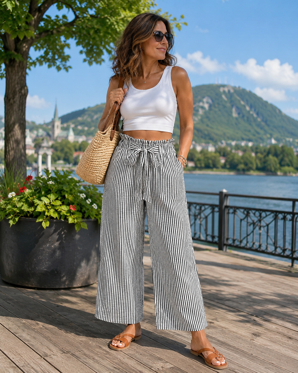 Pantalon femme rayé taille haute à jambes larges