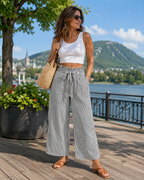 Pantalon femme rayé taille haute à jambes larges