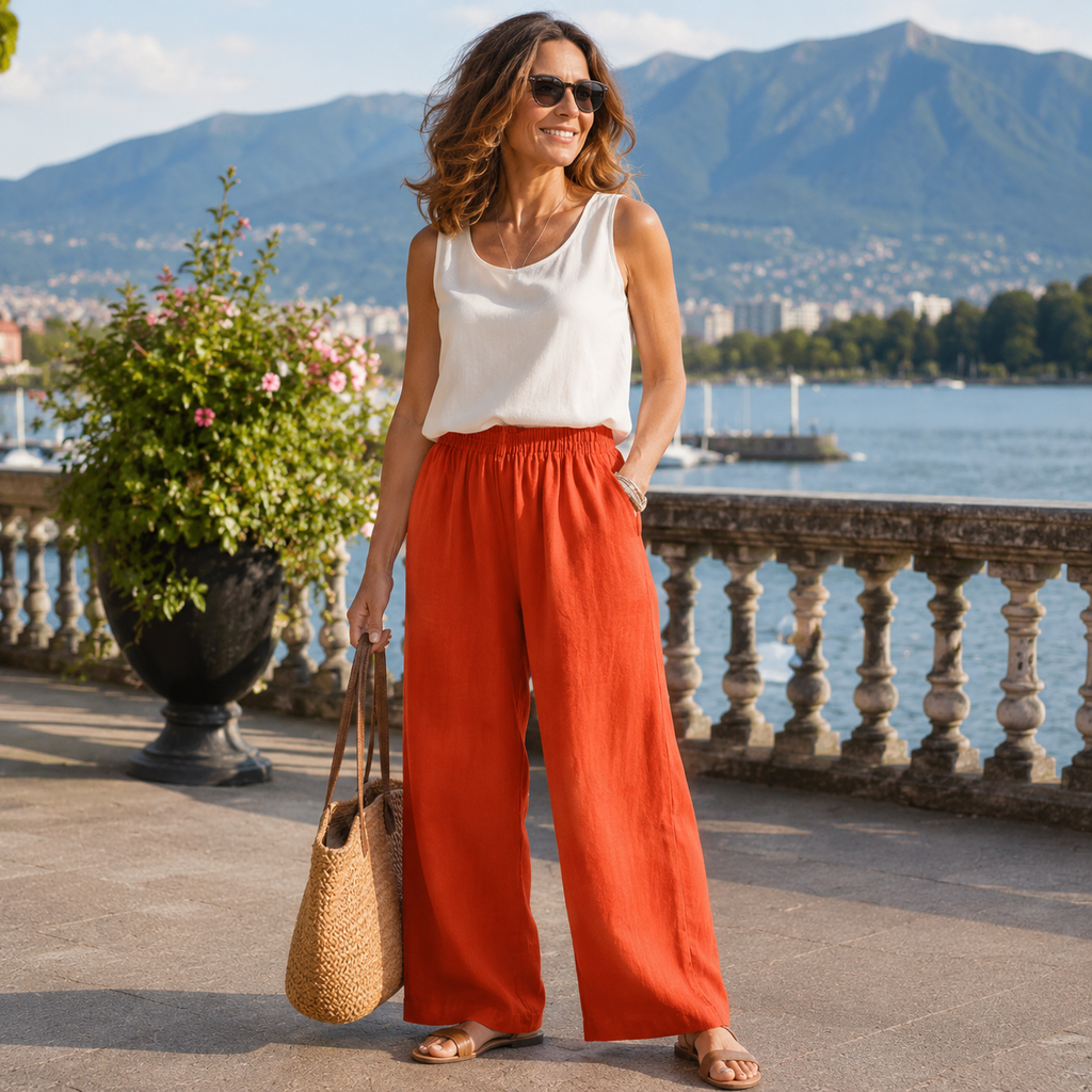 Pantalon large femme coton lin à taille élastique