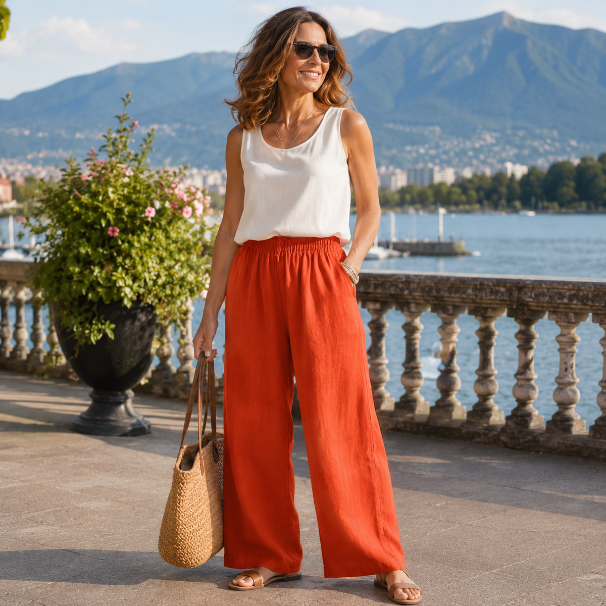 Pantalon large femme coton lin à taille élastique