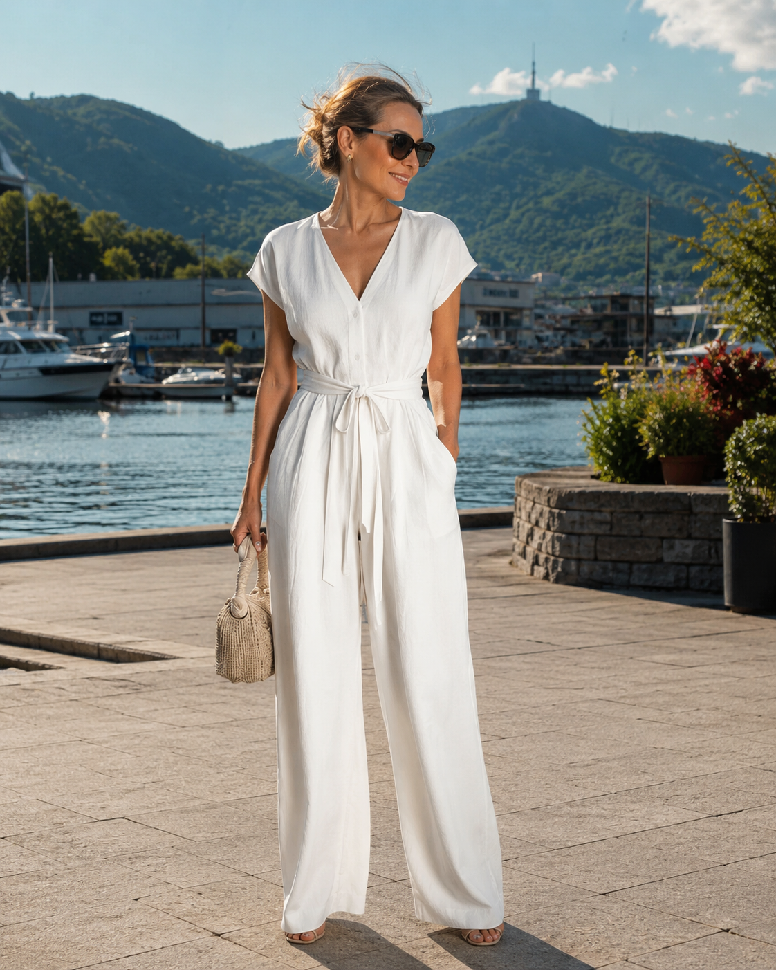Combinaison femme à col V avec ceinture et pantalon large
