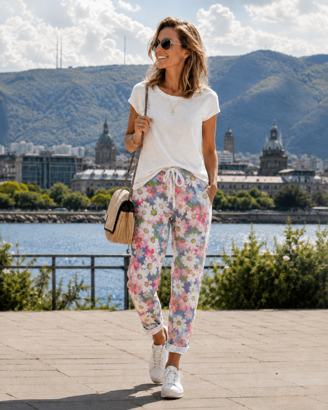 Pantalon femme fleuri avec taille ajustable et poches pratiques
