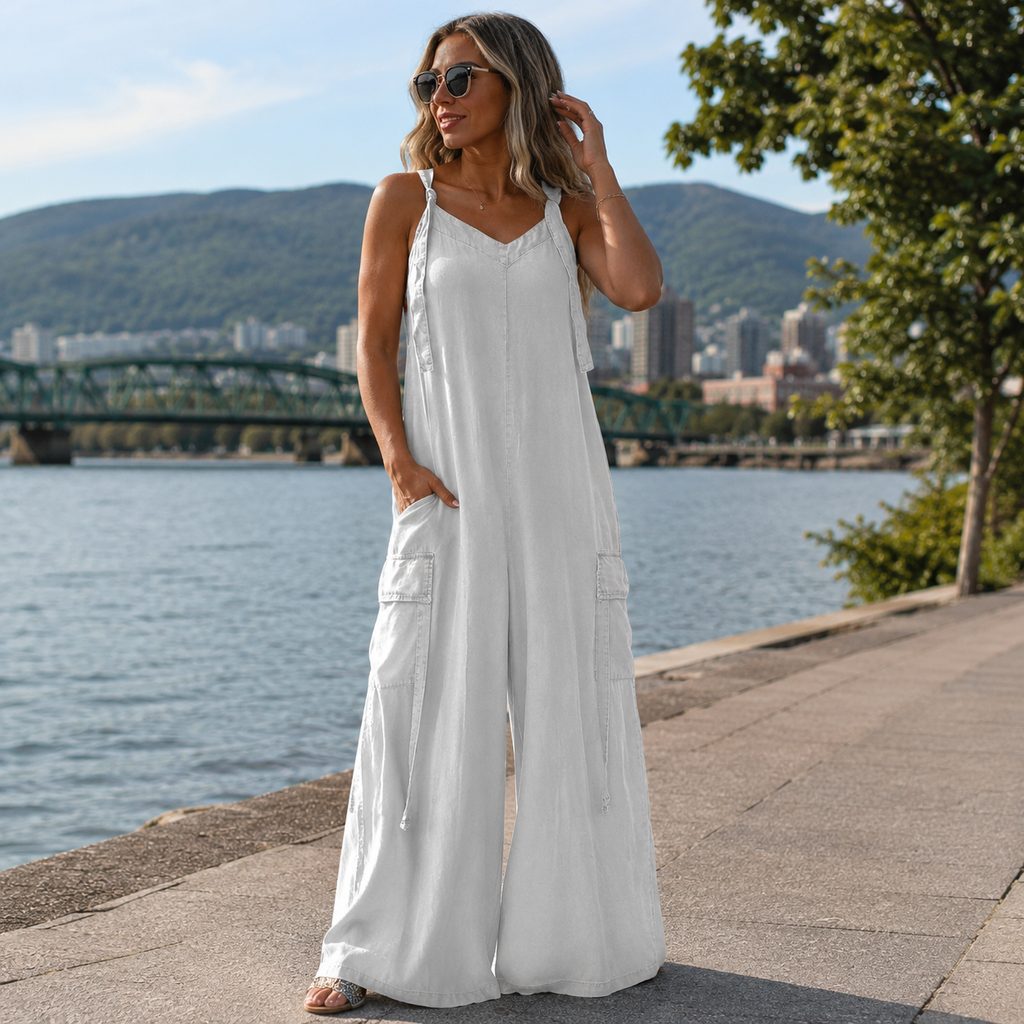 Robe longue femme fluide avec bretelles ajustables et poches cargo