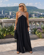 Combinaison femme longue à col croisé et jambes larges fluide