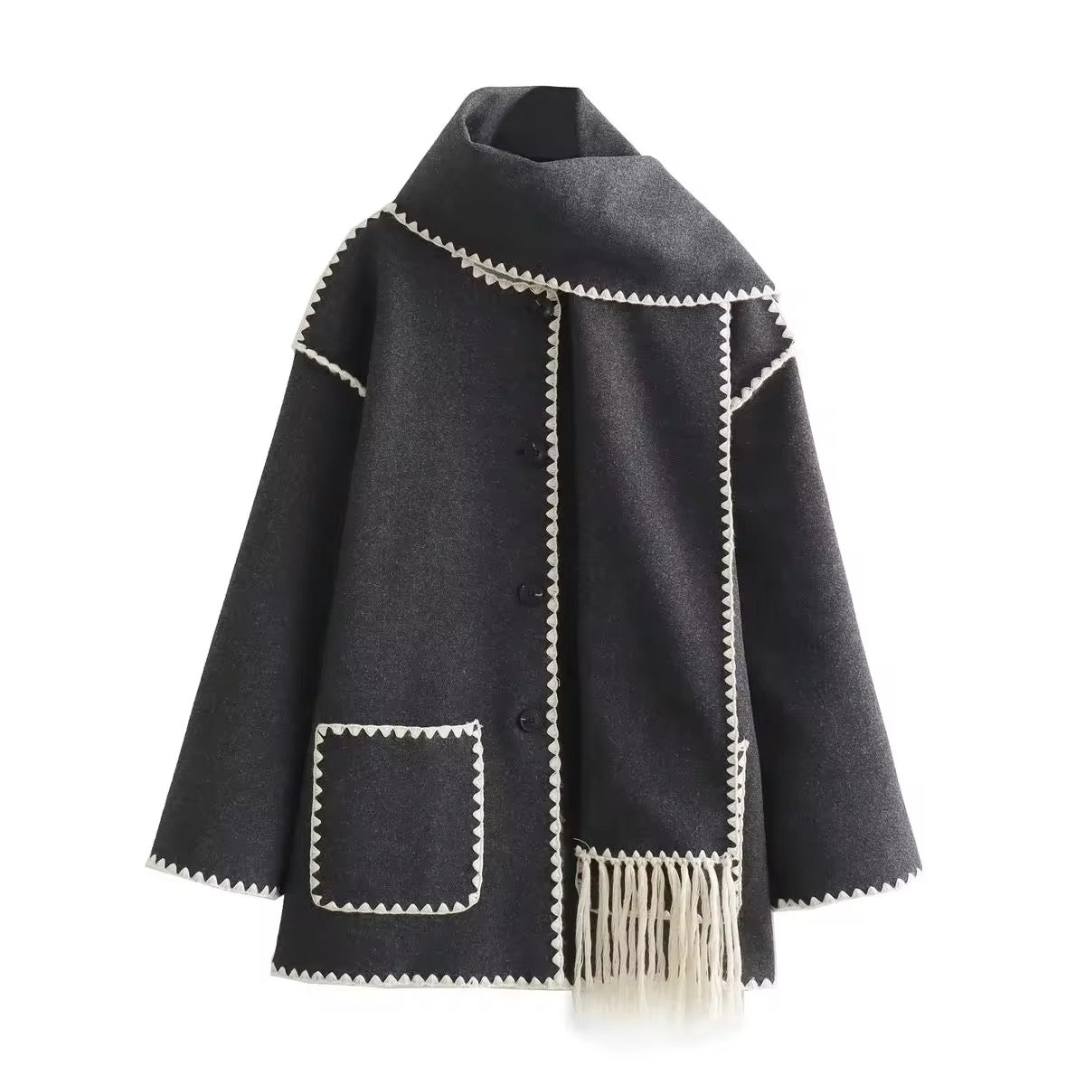 Manteau en laine tweed femme – Col rond, coupe ample