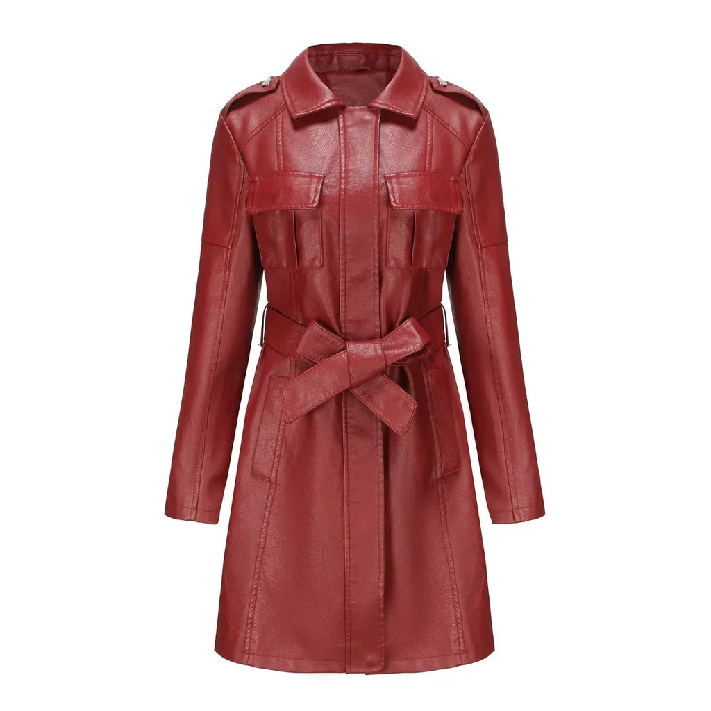 Manteau long femme effet cuir synthétique coupe ajustée avec poches mi-saison