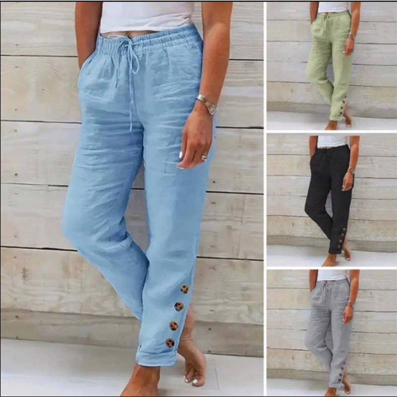 Pantalon femme en coton léger avec taille élastique et boutons décoratifs