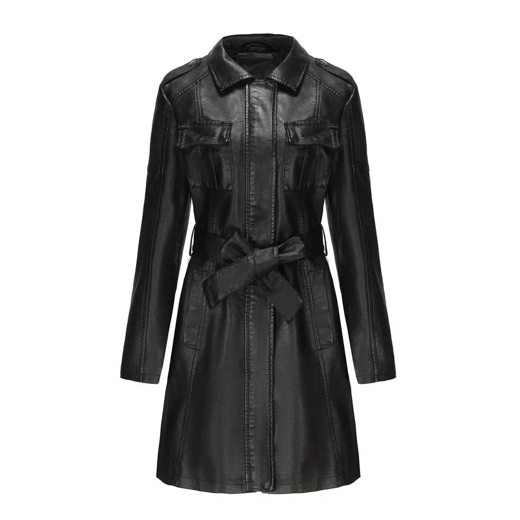 Manteau Long Femme Effet Cuir PU Coupe Élégante Avec Poches Urbaines