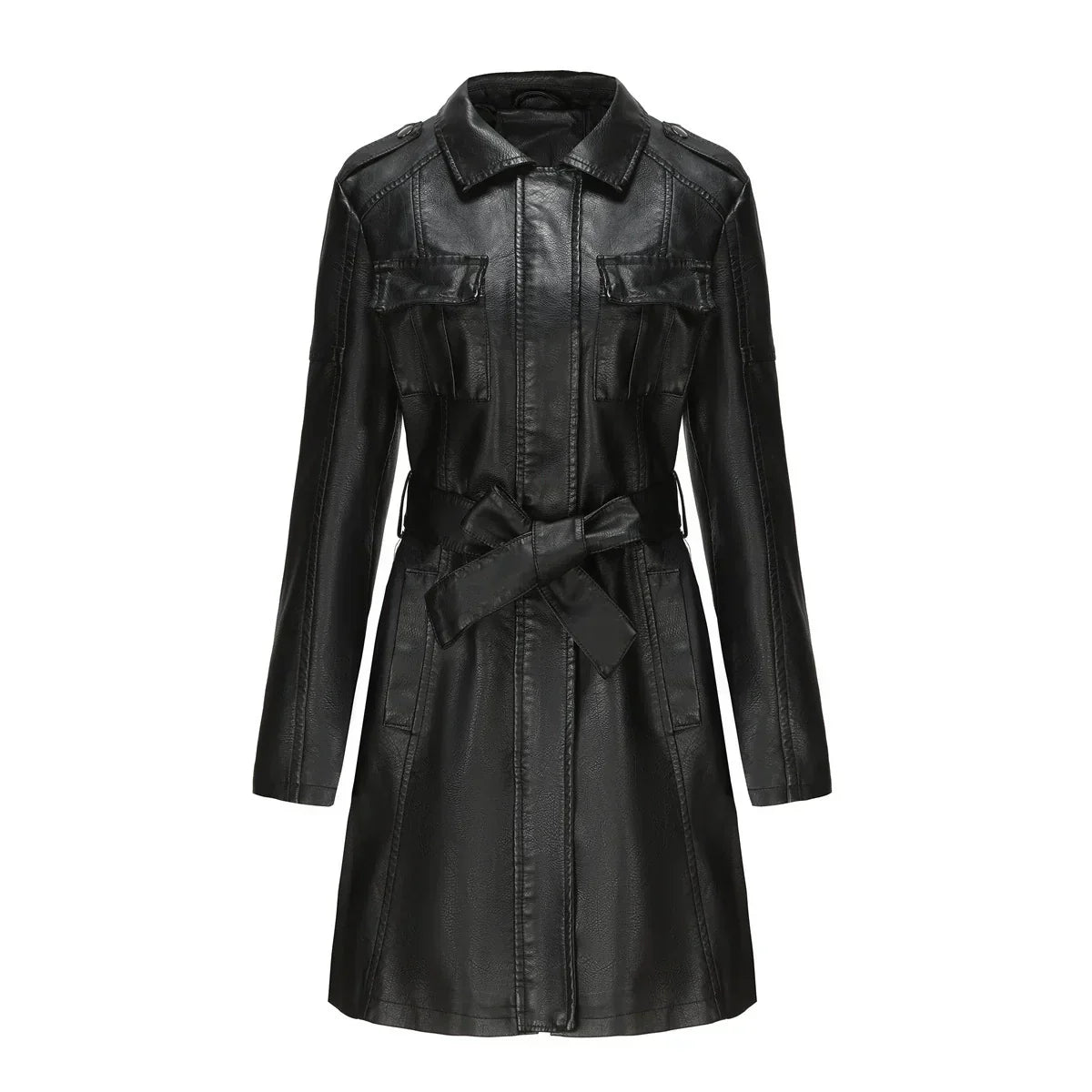 Manteau Long Femme Effet Cuir PU Coupe Élégante Avec Poches Urbaines