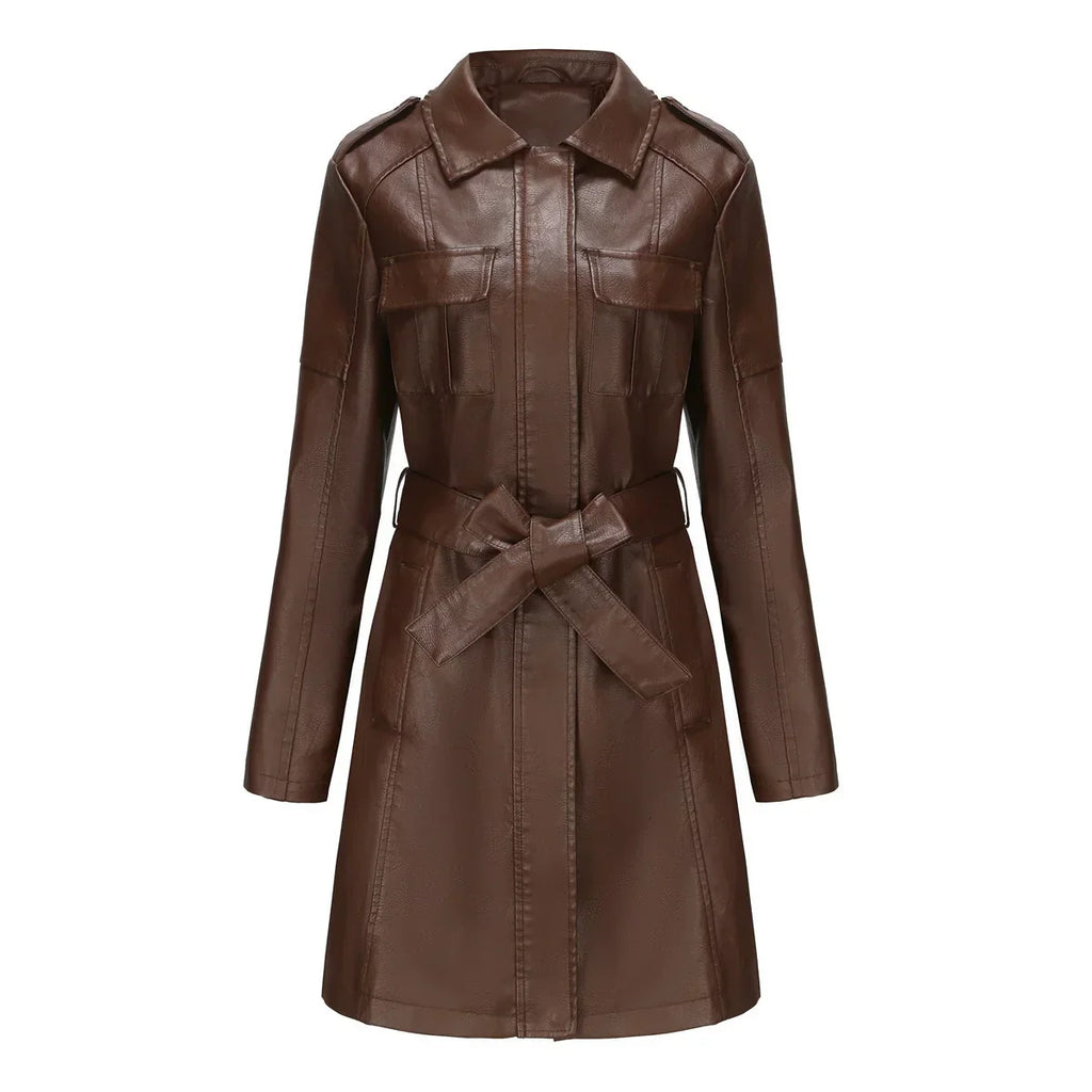 Manteau Long Femme Effet Cuir PU Coupe Élégante Avec Poches Urbaines