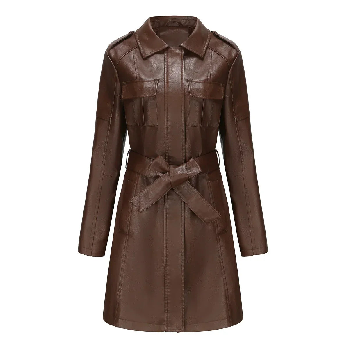 Manteau Long Femme Effet Cuir PU Coupe Élégante Avec Poches Urbaines