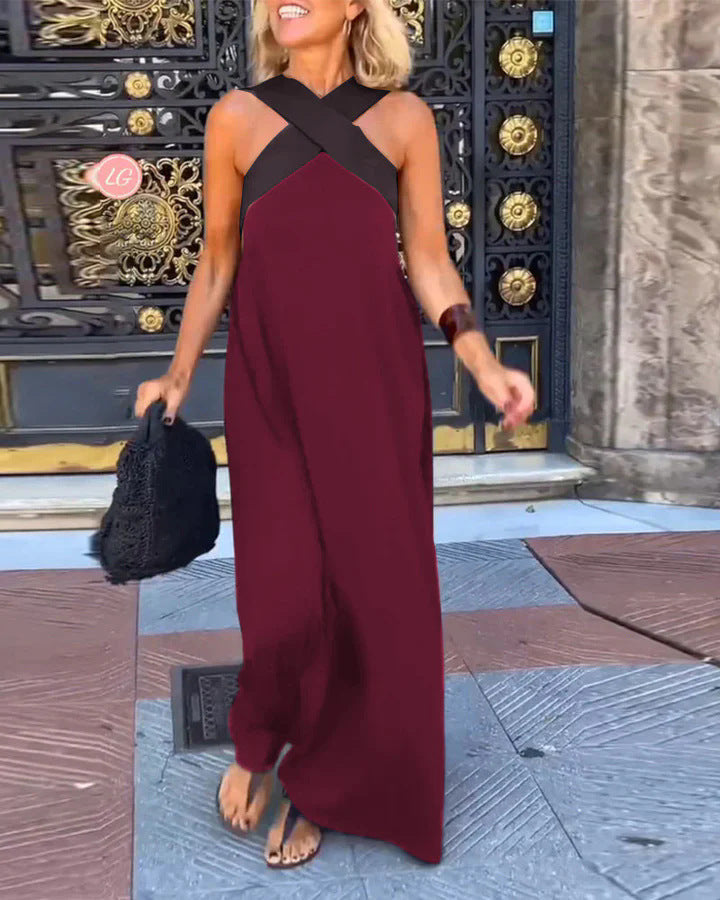 Combinaison femme longue à col croisé et jambes larges fluide
