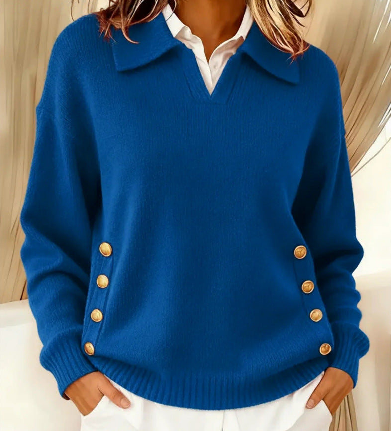 Pull Femme Élégant à Boutons Dorés | Col V Chic
