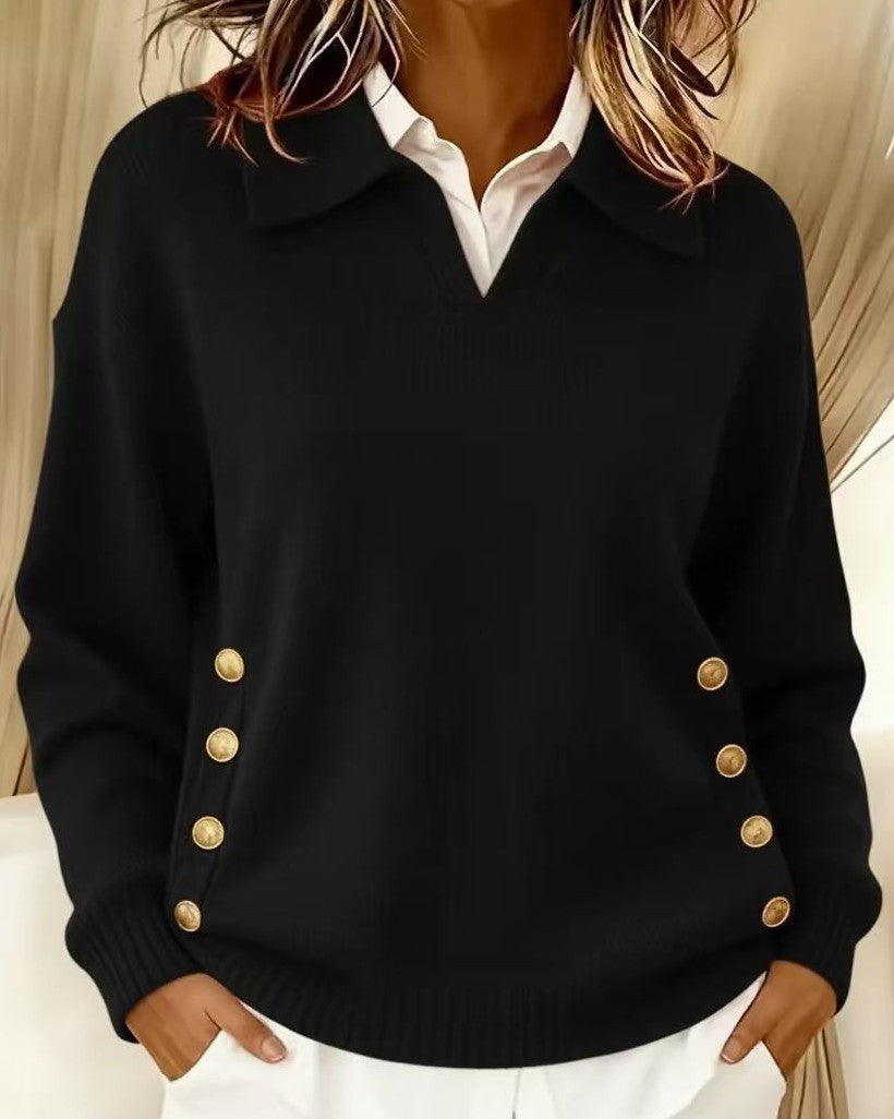 Pull Femme Élégant à Boutons Dorés | Col V Chic