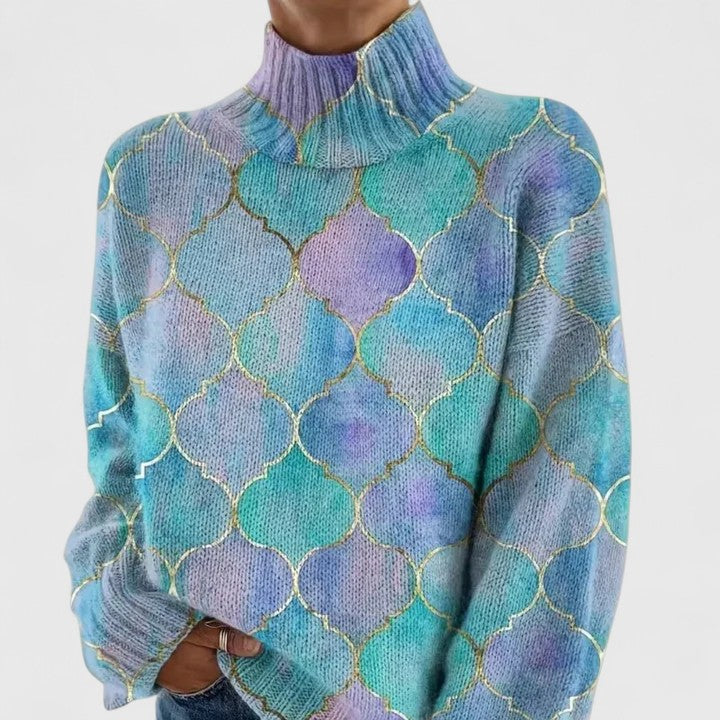 Pull en maille multicolore à col haut pour femme doux et élégant