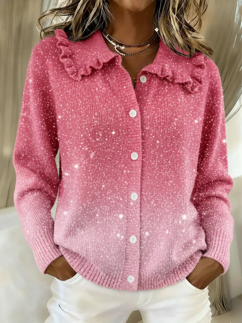 Gilet tricoté femme élégant et chaud – finition brillante, col volanté et confort hivernal