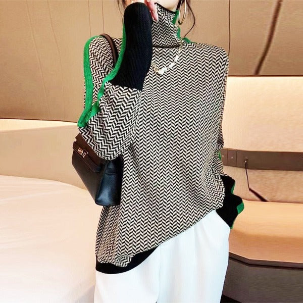 Pull rayé à col montant pour femme chaud et moderne