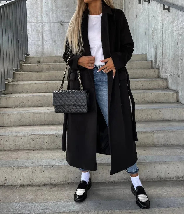 Manteau femme long ceinturé coupe ajustée laine mélangée usage quotidien