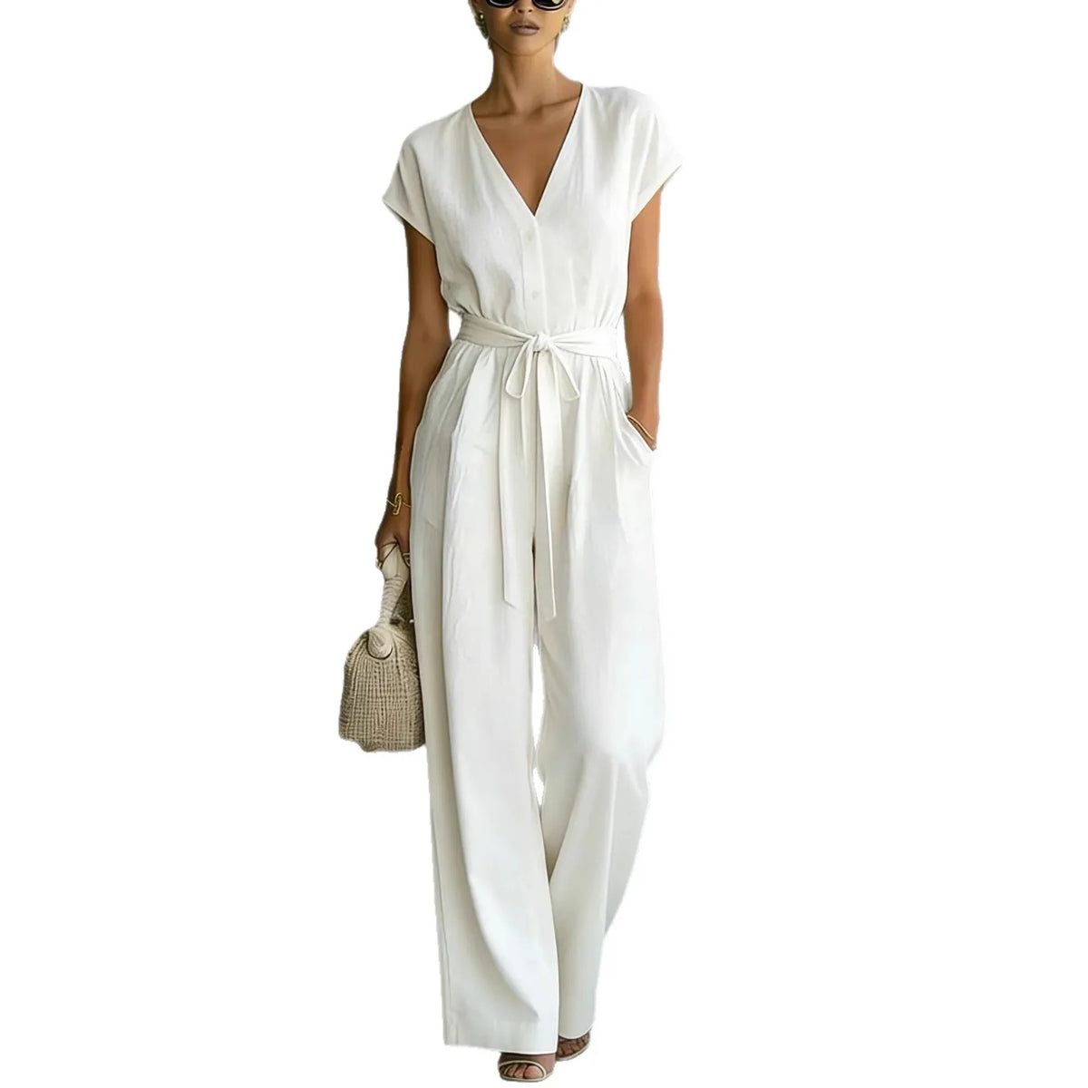 Combinaison femme à col V avec ceinture et pantalon large