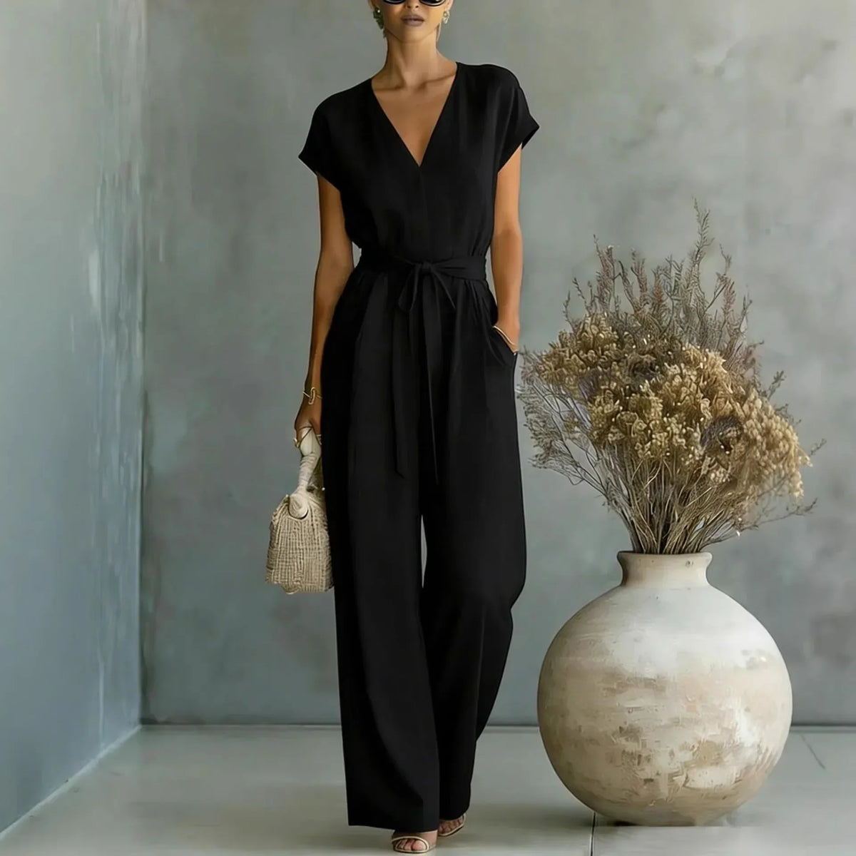 Combinaison femme à col V avec ceinture et pantalon large