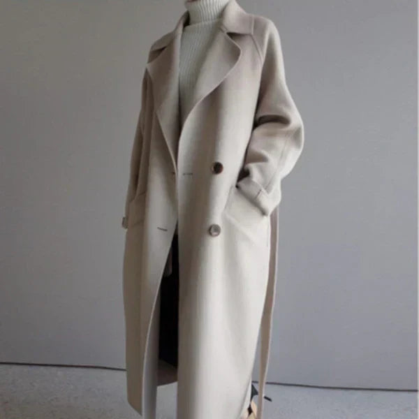Manteau femme long ceinturé coupe ajustée en laine mélangée pour hiver élégant