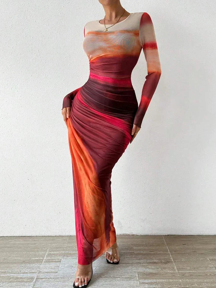 Robe Maxi Femme Ajustée Imprimée Col Rond pour Silhouette Élégante et Style Glamour