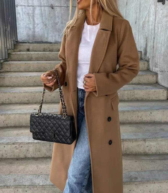Manteau femme long ceinturé coupe ajustée laine mélangée usage quotidien