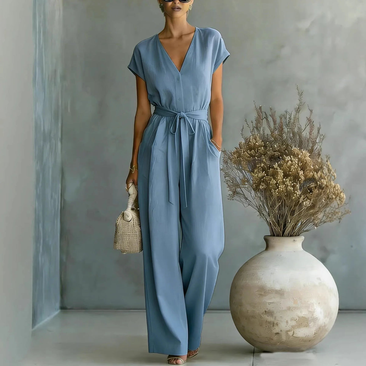 Combinaison femme à col V avec ceinture et pantalon large