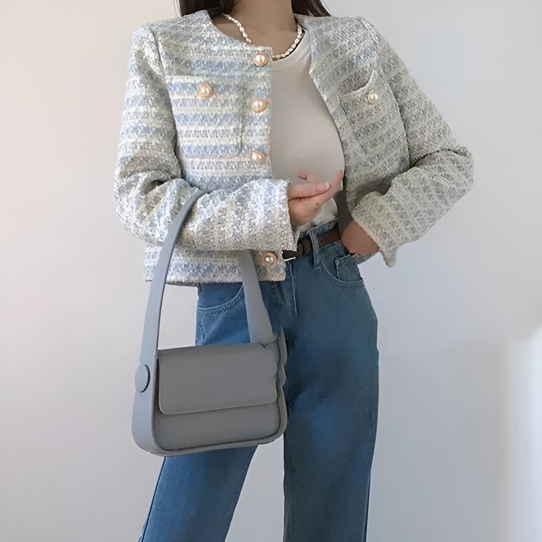Blazer Femme Courte Coupe Structurée Tissu Texturé Style Élégant Quotidien