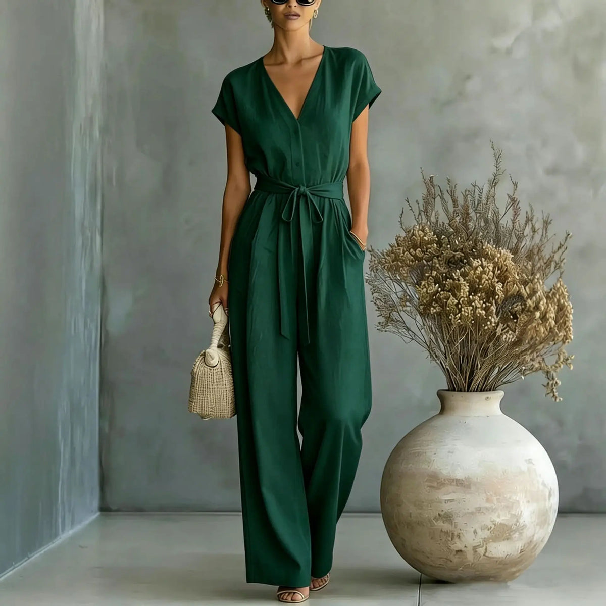 Combinaison femme à col V avec ceinture et pantalon large