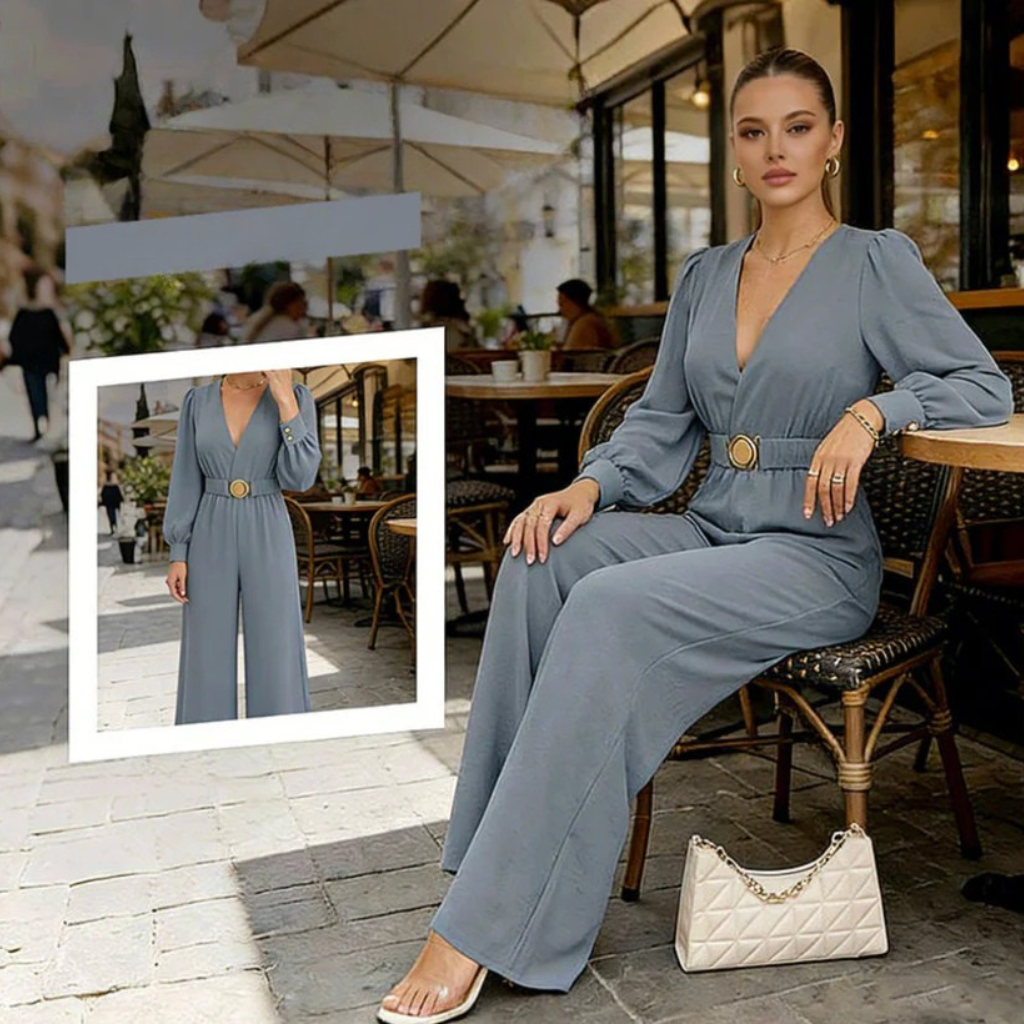 Combinaison Femme Col V Manches Bouffantes Ceinture Dorée
