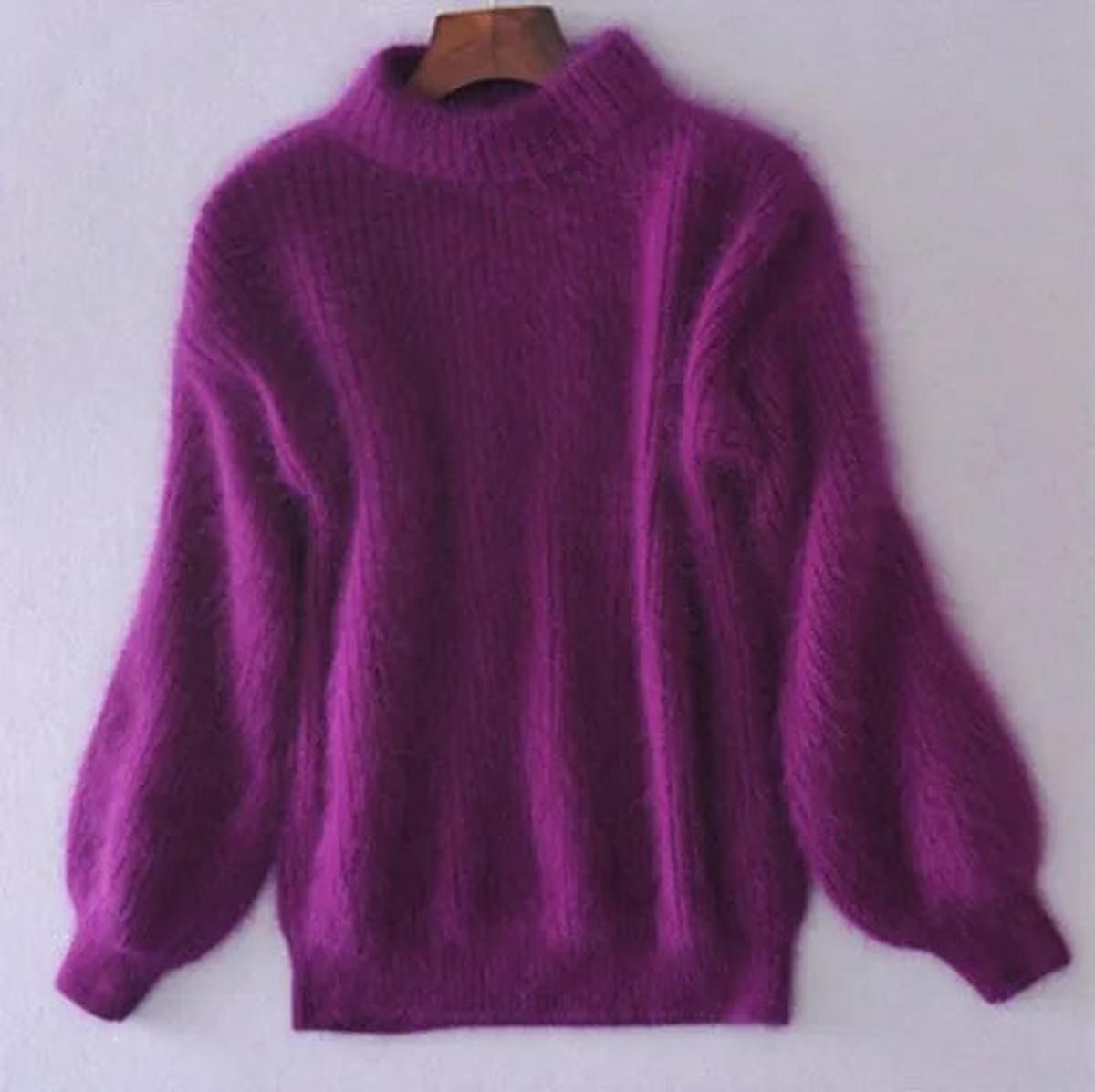 Pull Femme Doux Col Montant à Manches Bouffantes