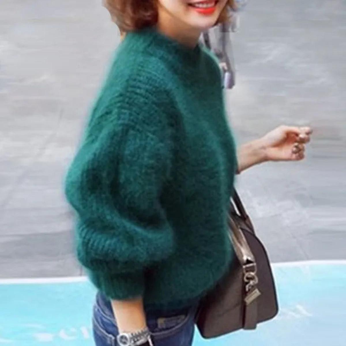 Pull Femme Doux Col Montant à Manches Bouffantes