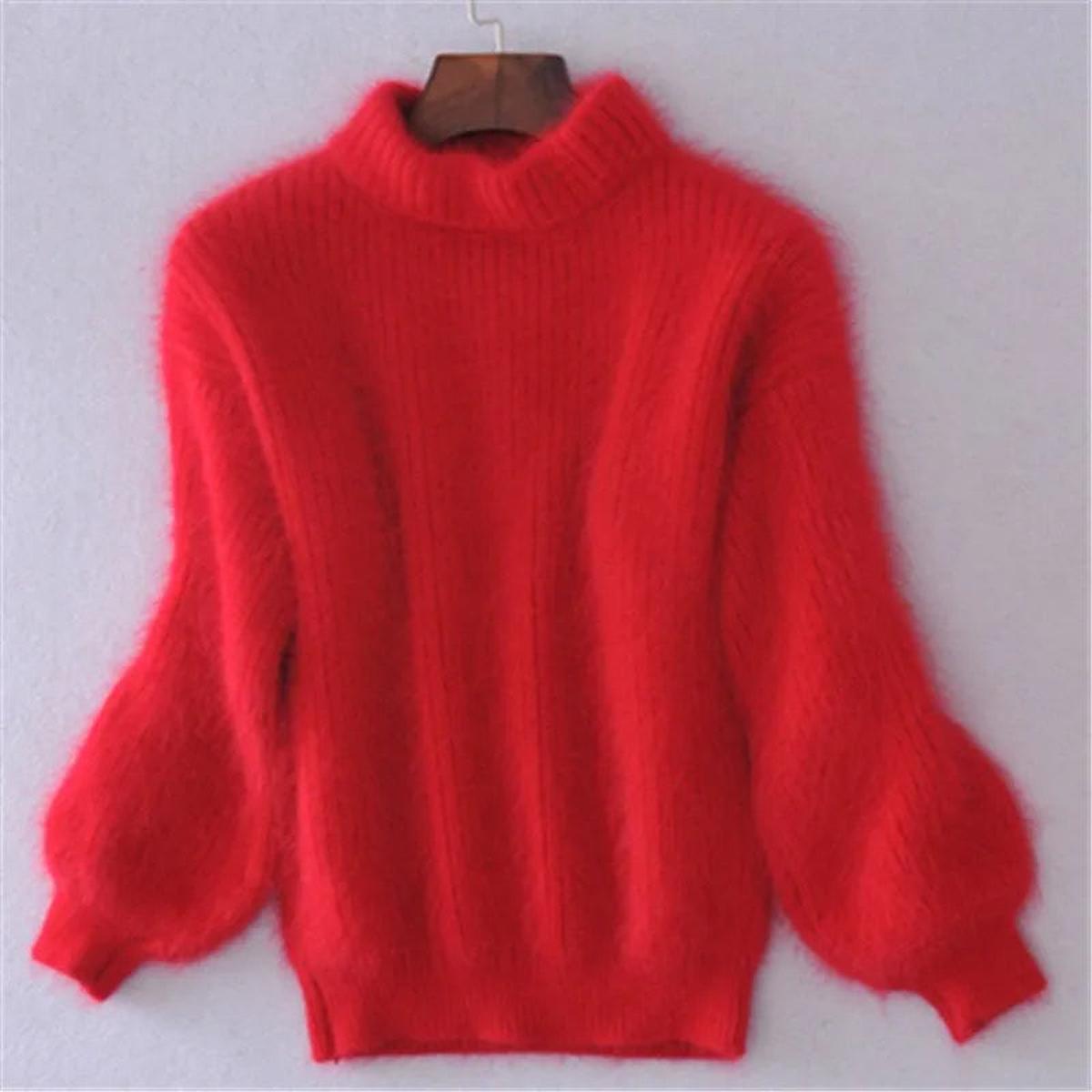 Pull Femme Doux Col Montant à Manches Bouffantes