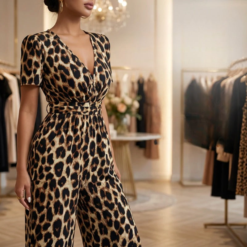 Jumpsuit élégant pour dames avec imprimé léopard et décolleté en V