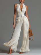 Jumpsuit Plissé Élégant à Jambes Larges pour Soirées
