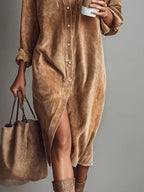Robe midi femme en velours côtelé – Style rétro chic, automne hiver