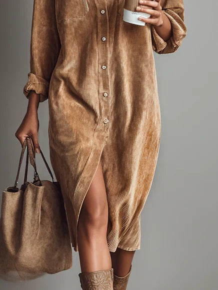 Robe midi femme en velours côtelé – Style rétro chic, automne hiver