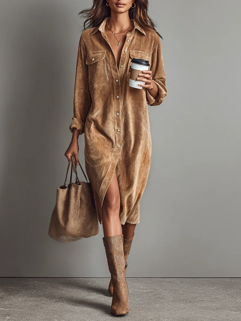 Robe midi femme en velours côtelé – Style rétro chic, automne hiver