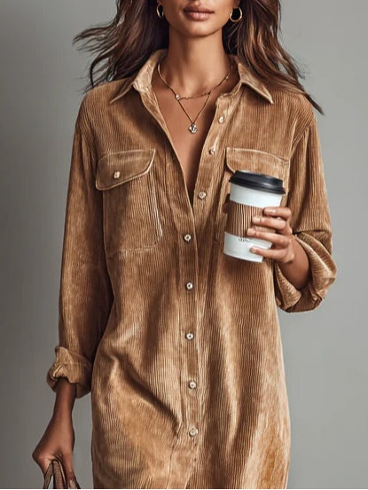 Robe midi femme en velours côtelé – Style rétro chic, automne hiver